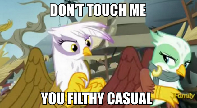 Size: 634x350 | Tagged: safe, derpibooru import, edit, screencap, gilda, greta, gryphon, the lost treasure of griffonstone, casual, female, filthy casual, image macro, meme