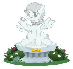 Size: 3745x3540 | Tagged: safe, artist:icaron, derpibooru import, oc, oc:saga, unofficial characters only, pegasus, pony, bottle, glasses, horseshoes, inanimate tf, objectification, petrification, plinth, potion, show accurate, simple background, smiling, solo, statue, transformation, transparent background, underhoof