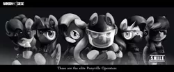 Size: 3000x1250 | Tagged: safe, artist:gasmaskfox, derpibooru import, applejack, fluttershy, pinkie pie, rainbow dash, rarity, twilight sparkle, twilight sparkle (alicorn), alicorn, pony, badass, cupcake, female, food, game, grayscale, helmet, mane six, mare, mask, monochrome, operator, rainbow six, riot gear, s.m.i.l.e.