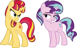 Size: 7708x4770 | Tagged: safe, artist:1992zepeda, derpibooru import, starlight glimmer, sunset shimmer, pony, unicorn, equestria girls, absurd resolution, alternate hairstyle, female, lidded eyes, mane swap, mare, show accurate, simple background, smug, transparent background, vector