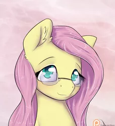 Size: 1050x1150 | Tagged: artist:alasou, bust, derpibooru import, fluttershy, glasses, looking at you, part of a set, patreon, patreon logo, portrait, safe, smiling, solo