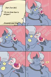 Size: 2010x3020 | Tagged: artist:creepycurse, ask, ask iron will, comic, derpibooru import, dragon ball z, iron will, safe, solo, tumblr, whispering