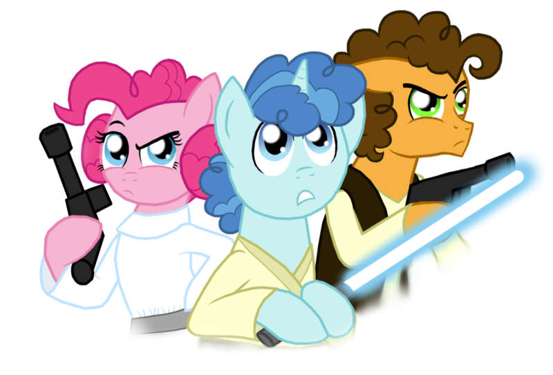 Size: 1024x695 | Tagged: safe, artist:crazynutbob, derpibooru import, cheese sandwich, party favor, pinkie pie, earth pony, pony, blaster, energy weapon, female, gun, han solo, handgun, hooves, lightsaber, luke skywalker, male, mare, party trio, princess leia, solo, stallion, star wars, weapon