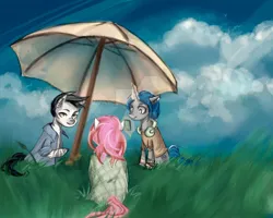 Size: 1024x821 | Tagged: artist:lyrainjacket, crossover, derpibooru import, fallout equestria, headphones, oc, oc:homage, oc:life bloom, oc:xenith, safe, umbrella