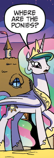 Size: 263x763 | Tagged: safe, derpibooru import, idw, princess celestia, alicorn, pony, confused, frown, open mouth, question, raised hoof, reaction image, solo, speech bubble