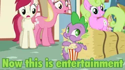 Size: 720x405 | Tagged: daisy, derpibooru import, flower trio, flower wishes, food, image macro, lily, lily valley, meme, popcorn, roseluck, safe, screencap, spike, the cutie pox