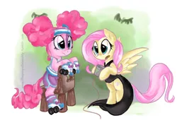 Size: 1056x718 | Tagged: artist:vago-xd, clothes, costume, derpibooru import, fluttershy, nightmare night costume, pinkie pie, pinkie puffs, roller skates, safe, scare master