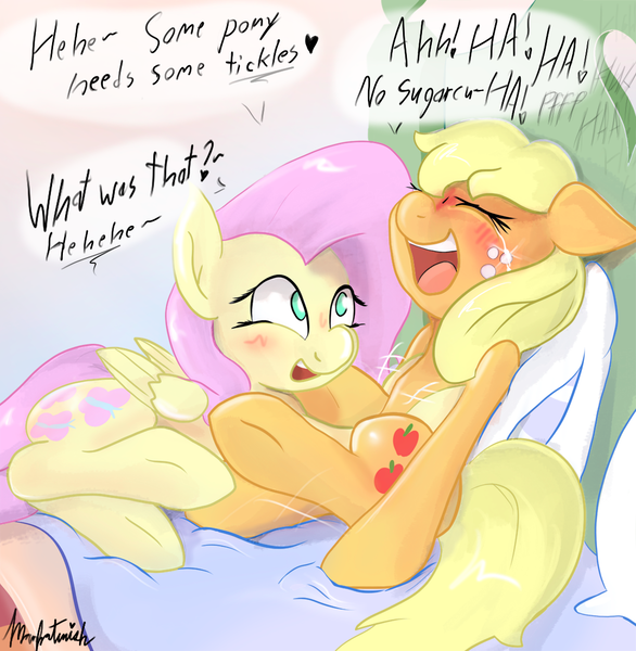 Size: 1124x1151 | Tagged: applejack, appleshy, artist:manfartwish, blushing, derpibooru import, dialogue, female, fluttershy, laughing, lesbian, safe, shipping, tickling