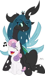 Size: 1280x2155 | Tagged: safe, artist:midnightblitzz, artist:nekotigerfire, derpibooru import, queen chrysalis, sweetie belle, changeling, changeling queen, pony, unicorn, annoyed, blushing, colored, cute, cutealis, diasweetes, duo, duo female, eyes closed, female, filly, foal, funny, mare, queen chrysalis is not amused, simple background, singing, transparent background, unamused, vector