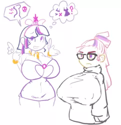 Size: 935x964 | Tagged: artist:moronsonofboron, ascension enhancement, back pain, big breasts, breasts, busty moondancer, busty twilight sparkle, cleavage, clothes, curvy, derpibooru import, dialogue, female, females only, horned humanization, hourglass figure, huge breasts, human, humanized, implied breast expansion, impossibly large breasts, moondancer, simple background, sketch, suggestive, twilight sparkle, twilight sparkle (alicorn), white background