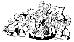 Size: 1000x572 | Tagged: safe, artist:omny87, derpibooru import, oc, unofficial characters only, earth pony, pegasus, pony, unicorn, armor, chaos, commission, cultist, fire, heresy, iron warriors, mask, monochrome, warhammer (game), warhammer 40k