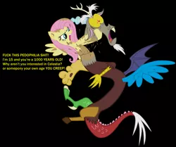 Size: 1677x1400 | Tagged: semi-grimdark, artist:adcoon, derpibooru import, edit, discord, fluttershy, draconequus, pony, abuse, angry, anti-shipping, black background, chocolate, chocolate milk, death, decapitated, decapitation, dialogue, discordabuse, female, flutterbitch, food, mare, milk, murder, out of character, pedophilia, severed head, shipping denied, simple background