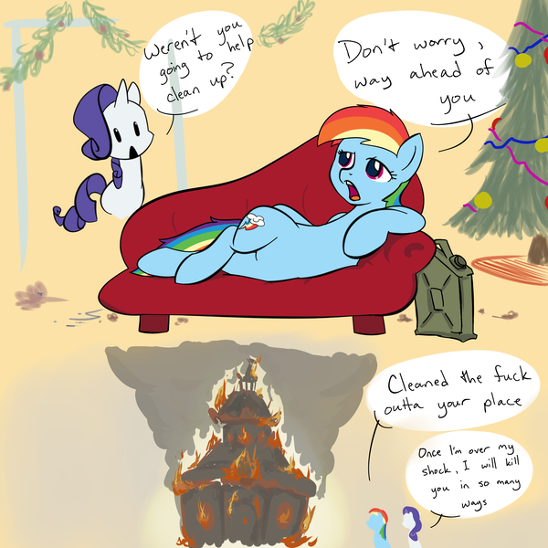 Size: 3000x3000 | Tagged: arson, artist:damnyeti, carousel boutique, christmas tree, death threat, derpibooru import, dialogue, fainting couch, fire, gas can, rainbow dash, rainbow dumb, rarity, safe, this will end in tears and/or death, tree, vulgar