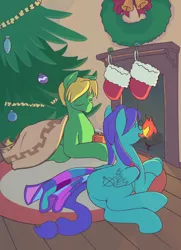 Size: 1058x1465 | Tagged: artist:chibibiscuit, blanket, christmas stocking, christmas tree, derpibooru import, fireplace, mug, oc, oc:bear trap, oc:high rise, safe, tree, unofficial characters only, wreath