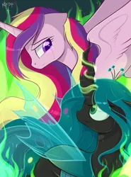 Size: 2000x2700 | Tagged: alicorn, artist:kodabomb, changeling, changeling queen, crown, crying, derpibooru import, female, fire, green eyes, green fire, green hair, horn, jewelry, magic, multicolored hair, princess cadance, queen chrysalis, regalia, safe, transparent wings, wings