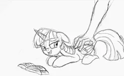 Size: 2247x1387 | Tagged: source needed, safe, artist:frikdikulous, derpibooru import, twilight sparkle, twilight sparkle (alicorn), alicorn, human, pony, book, disembodied hand, female, grayscale, hand, mare, massage, monochrome, offscreen character