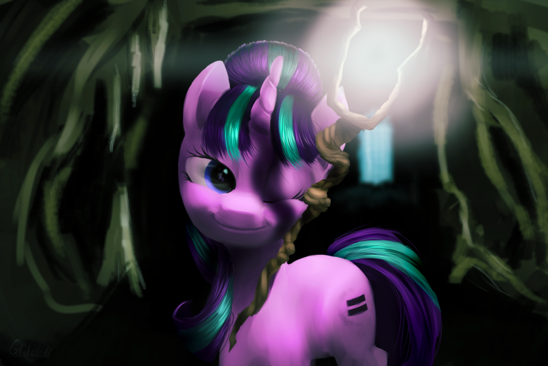 Size: 1600x1067 | Tagged: artist:glukoloff, cave, derpibooru import, s5 starlight, safe, solo, staff, staff of sameness, starlight glimmer, wink