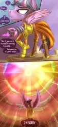 Size: 594x1300 | Tagged: grimdark, artist:countaile, derpibooru import, twilight sparkle, twilight sparkle (alicorn), alicorn, pony, armor, comic, crying, implied genocide, orbital friendship cannon, solo