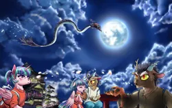 Size: 1471x927 | Tagged: safe, artist:dylanebennetda, derpibooru import, discord, princess celestia, alicorn, dragon, eastern dragon, pony, chihiro ogino, female, full moon, haku, kohaku, male, mare, mare in the moon, moon, night, ponies riding dragons, riding, spirited away, studio ghibli, younger