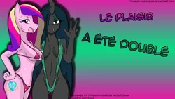 Size: 1600x900 | Tagged: suggestive, artist:ss2sonic, artist:yourfavoritesenpai, derpibooru import, edit, princess cadance, queen chrysalis, anthro, absolute cleavage, bikini, breasts, cadalis, cleavage, clothes, female, females only, french, lesbian, shipping, sling bikini, swimsuit, the fun has been doubled, wallpaper, wallpaper edit