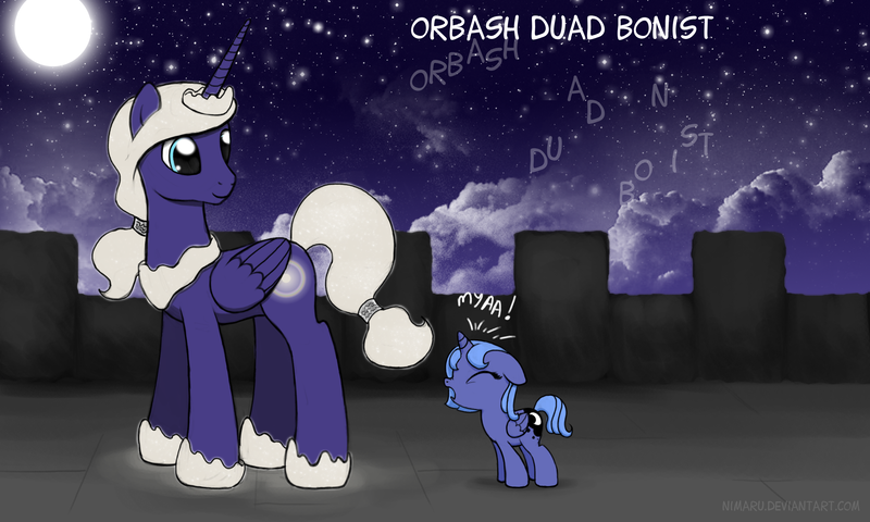 Size: 2500x1500 | Tagged: safe, artist:nimaru, derpibooru import, princess luna, oc, oc:orbash, oc:orbash duad bonist, alicorn, pony, baby, baby pony, celestia and luna's father, father and daughter, filly, woona