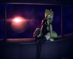 Size: 1600x1293 | Tagged: anthro, artist:oneofyouare, clothes, dead source, derpibooru import, leotard, looking at you, oc, safe, solo, space, stockings, unguligrade anthro, unofficial characters only