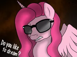 Size: 1024x768 | Tagged: safe, artist:pinkamenascratch, derpibooru import, pinkie pie, alicorn, pony, captain jack, pinkamena diane pie, pinkamenacorn, pinkiecorn, race swap, solo, song reference, sunglasses, xk-class end-of-the-world scenario