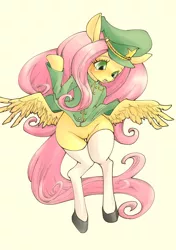 Size: 2039x2894 | Tagged: suggestive, artist:unousaya, derpibooru import, fluttershy, pony, bipedal, bottomless, clothes, featureless crotch, female, simple background, solo, solo female, stockings, uniform, white background