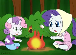 Size: 1000x714 | Tagged: 30 minute art challenge, anthro, artist:empyu, campfire, camping outfit, chibi, clothes, derpibooru import, food, marshmallow, pleated skirt, rarity, rarity using marshmallows, roasting, safe, shoes, sisters, skirt, sweetie belle, sweetie belle using marshmallows