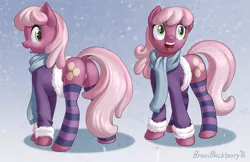 Size: 872x566 | Tagged: artist:brianblackberry, bottomless, cheerilee, clothes, coat, derpibooru import, dock, featureless crotch, female, flowerbutt, looking back, open mouth, partial nudity, plot, scarf, snow, snowfall, socks, solo, solo female, suggestive, thigh highs