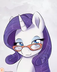 Size: 800x1000 | Tagged: artist:alasou, bust, derpibooru import, glasses, looking at you, part of a set, patreon, patreon logo, portrait, rarity, safe, solo