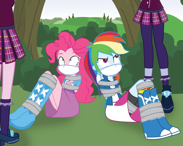 Size: 1280x1024 | Tagged: dead source, suggestive, artist:radiantrealm, derpibooru import, indigo zap, pinkie pie, rainbow dash, sugarcoat, equestria girls, friendship games, bad end, bondage, boots, breast bondage, breasts, bush, cloth gag, clothes, crystal prep academy, dashsub, duct tape, female, femsub, gag, high heel boots, high heels, leggings, pinkiesub, pleated skirt, rainbond dash, shoes, shorts, show accurate, show accurate porn, skirt, socks, submissive, tied up