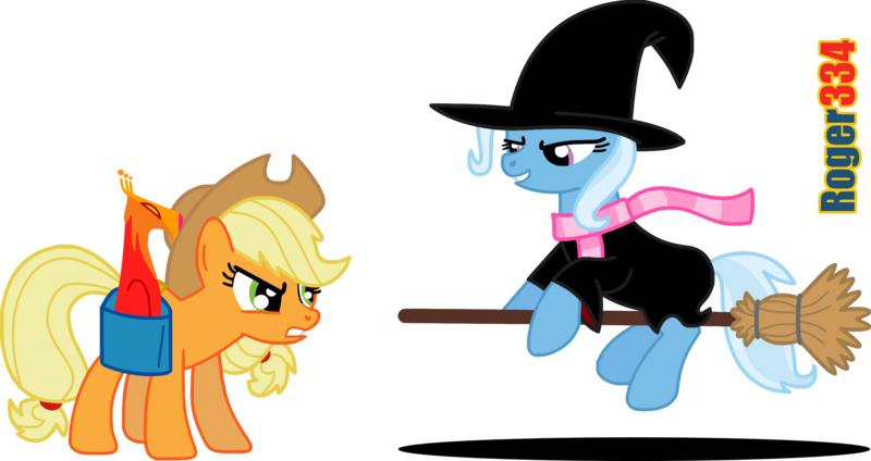 Size: 2557x1355 | Tagged: safe, artist:roger334, derpibooru import, applejack, philomena, trixie, pony, unicorn, angry, banjo kazooie, broom, crossover, female, flying, flying broomstick, gruntilda, hat, inkscape, looking at each other, mare, nintendo 64, ponyscape, saddle bag, simple background, smirk, transparent background, vector, witch, witch hat