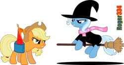 Size: 2557x1355 | Tagged: safe, artist:roger334, derpibooru import, applejack, philomena, trixie, pony, unicorn, angry, banjo kazooie, broom, crossover, female, flying, flying broomstick, gruntilda, hat, inkscape, looking at each other, mare, nintendo 64, ponyscape, saddle bag, simple background, smirk, transparent background, vector, witch, witch hat