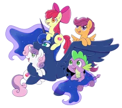 Size: 1500x1332 | Tagged: safe, artist:raininess, derpibooru import, apple bloom, princess luna, scootaloo, spike, sweetie belle, alicorn, dragon, earth pony, pegasus, pony, unicorn, adorabloom, baby, baby dragon, cute, cutealoo, cutie mark, cutie mark crusaders, diasweetes, female, filly, looking up, lunabetes, male, new year, simple background, spikabetes, the cmc's cutie marks, transparent background