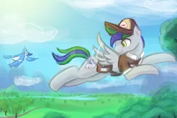 Size: 3000x2000 | Tagged: safe, artist:lumineko, derpibooru import, oc, oc:lazuli, oc:right away, unofficial characters only, bird, blue jay, pegasus, pony, clothes, cloud, commission, flying, hat, looking back, mail, mailbag, mailpony, male, mountain, pet, pet oc, river, sky, spread wings, stallion, tree, uniform, wings