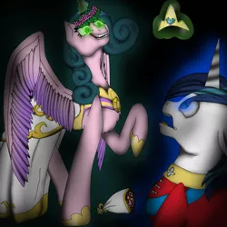 Size: 3000x3000 | Tagged: artist:littlekissette, changeling, derpibooru import, disguise, disguised changeling, fake cadance, glowing eyes, princess cadance, queen chrysalis, safe, shining armor