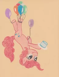 Size: 2550x3300 | Tagged: artist:eyeburn, balloon, cake, derpibooru import, food, hanging, pinkie pie, safe, solo, then watch her balloons lift her up to the sky, traditional art, upside down