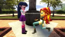 Size: 1360x768 | Tagged: safe, artist:mk513, derpibooru import, sunset shimmer, twilight sparkle, twilight sparkle (alicorn), equestria girls, 3d, blushing, female, gmod, lesbian, marriage proposal, shipping, sunsetsparkle, wedding ring