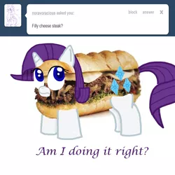 Size: 1000x1000 | Tagged: artist:mister-true, askfillyrarity, derpibooru import, filly, food, food pony, original species, philly cheesesteak, pun, rarity, safe, sandwich, solo