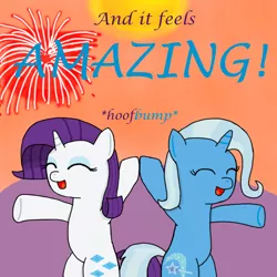 Size: 1000x1000 | Tagged: safe, artist:mister-true, derpibooru import, rarity, trixie, pony, askfillyrarity, bipedal, filly, fireworks, hoofbump