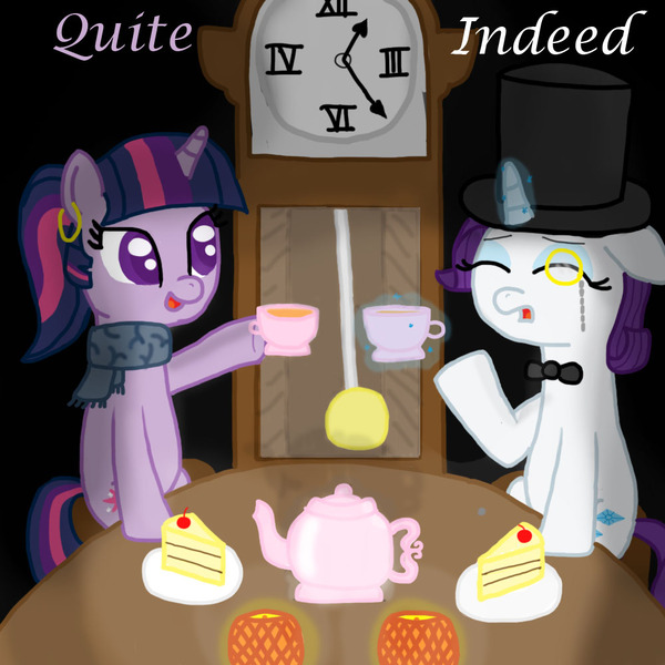 Size: 1000x1000 | Tagged: artist:mister-true, askfillyrarity, bowtie, cake, classy, clock, clothes, derpibooru import, earring, filly, food, glowing horn, grandfather clock, hat, indeed, magic, monocle, monocle and top hat, piercing, posh, quite, rarity, safe, scarf, tea, teacup, teapot, telekinesis, top hat, twilight sparkle