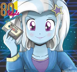 Size: 1102x1022 | Tagged: safe, artist:the-butch-x, derpibooru import, trixie, equestria girls, 80s, c:, cassette tape, cute, diatrixes, female, looking at you, smiling, solo