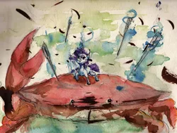 Size: 3282x2475 | Tagged: artist:il-phantom, crab, derpibooru import, fight, giant crab, magic, needle, rarity, rarity fighting a giant crab, safe, traditional art, watercolor painting