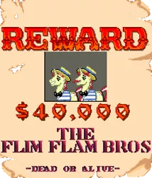 Size: 576x672 | Tagged: safe, derpibooru import, flam, flim, duo, flim flam brothers, image, konami, parody, pixel art, png, simple background, sunset riders, transparent background, wanted poster