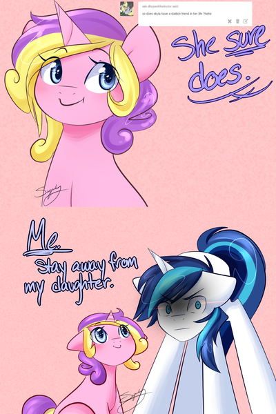 Size: 1280x1920 | Tagged: safe, artist:sugarberry, derpibooru import, princess skyla, shining armor, pony, unicorn, ask-cadance, comic, death stare, father and daughter, female, filly, male, offspring, overprotective, overprotective armor, parent:princess cadance, parent:shining armor, parents:shiningcadance, stallion