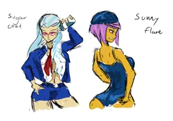 Size: 5016x3541 | Tagged: suggestive, artist:milkitalix, artist:sapphirevision421, derpibooru import, sugarcoat, sunny flare, equestria girls, friendship games, belt, breasts, busty sugarcoat, busty sunny flare, clothes, crystal prep shadowbolts, duo, duo female, female, females only, human coloration, miniskirt, necktie, shirt, shorts, sideboob, simple background, sketch, skirt, swimsuit, unbuttoned, water, wet shirt, white background