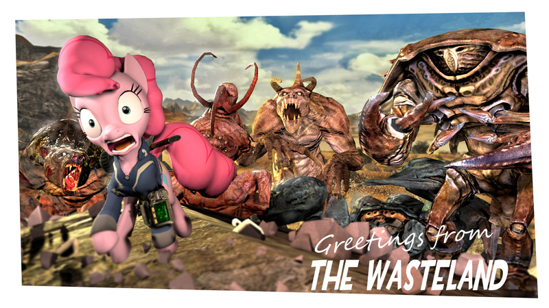 Size: 1600x900 | Tagged: 3d, artist:hellhounds04, centaur, crossover, deathclaw, derpibooru import, fallout, fallout 3, mirelurk, pinkie pie, pipboy, pipbuck, postcard, safe, source filmmaker, wasteland, yao guai