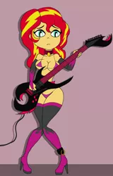 Size: 1447x2266 | Tagged: suggestive, artist:endnidhoggson, artist:nidrog, derpibooru import, sunset shimmer, equestria girls, ankle cuffs, bikini, boots, breasts, busty sunset shimmer, clothes, collar, electric guitar, evening gloves, female, gloves, guitar, high heel boots, long gloves, micro bikini, solo, solo female, swimsuit, thigh boots