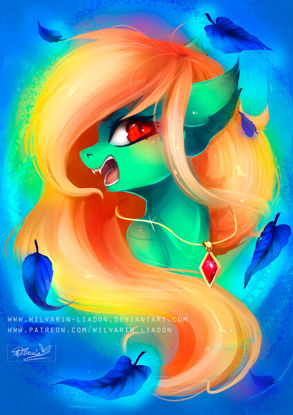 Size: 1024x1448 | Tagged: safe, artist:wilvarin-liadon, derpibooru import, oc, oc:honeymint tea, unofficial characters only, bat pony, pony, fangs, feather, necklace, ruby, slit eyes, solo, tsundere